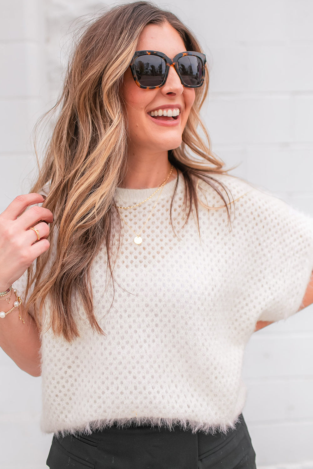 White Fuzzy Eyelet Knitted Sweater