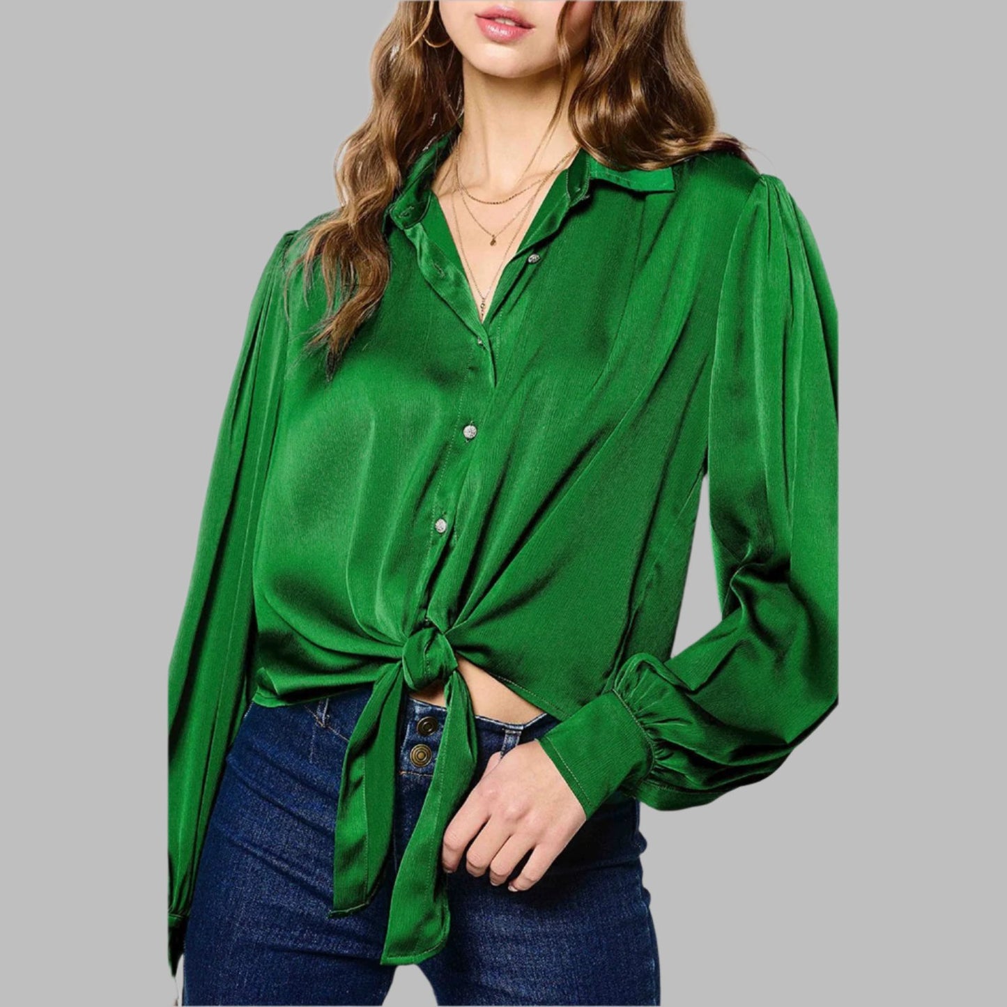 Dark Green Flowy Balloon Sleeve Tie Front Buttoned Shirt