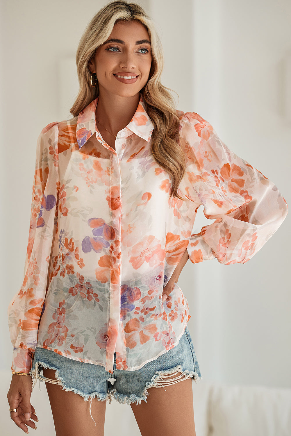 White Floral Print Buttoned Balloon Sleeve Shirt