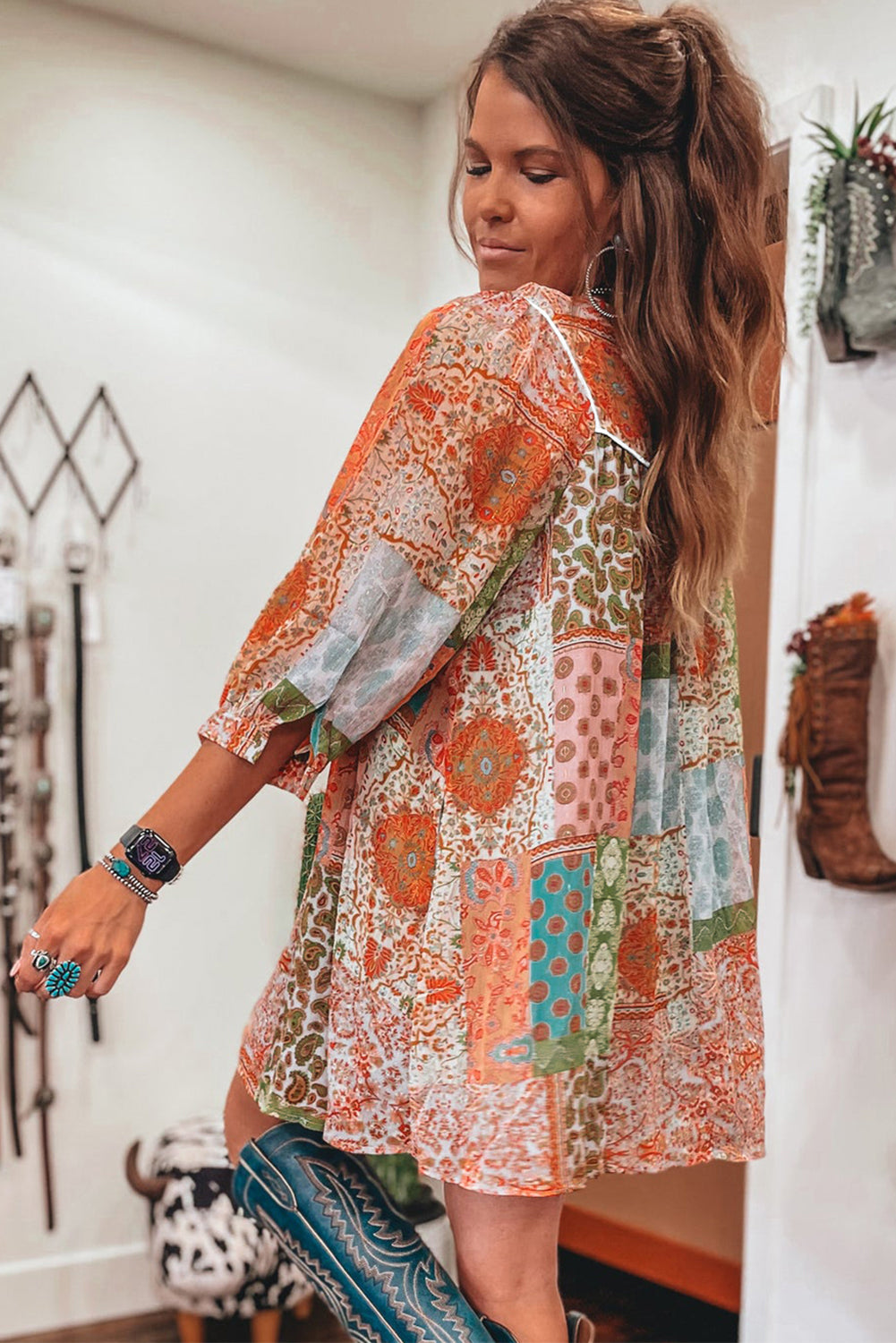 Orange Boho Paisley Chiffon Loose Dress