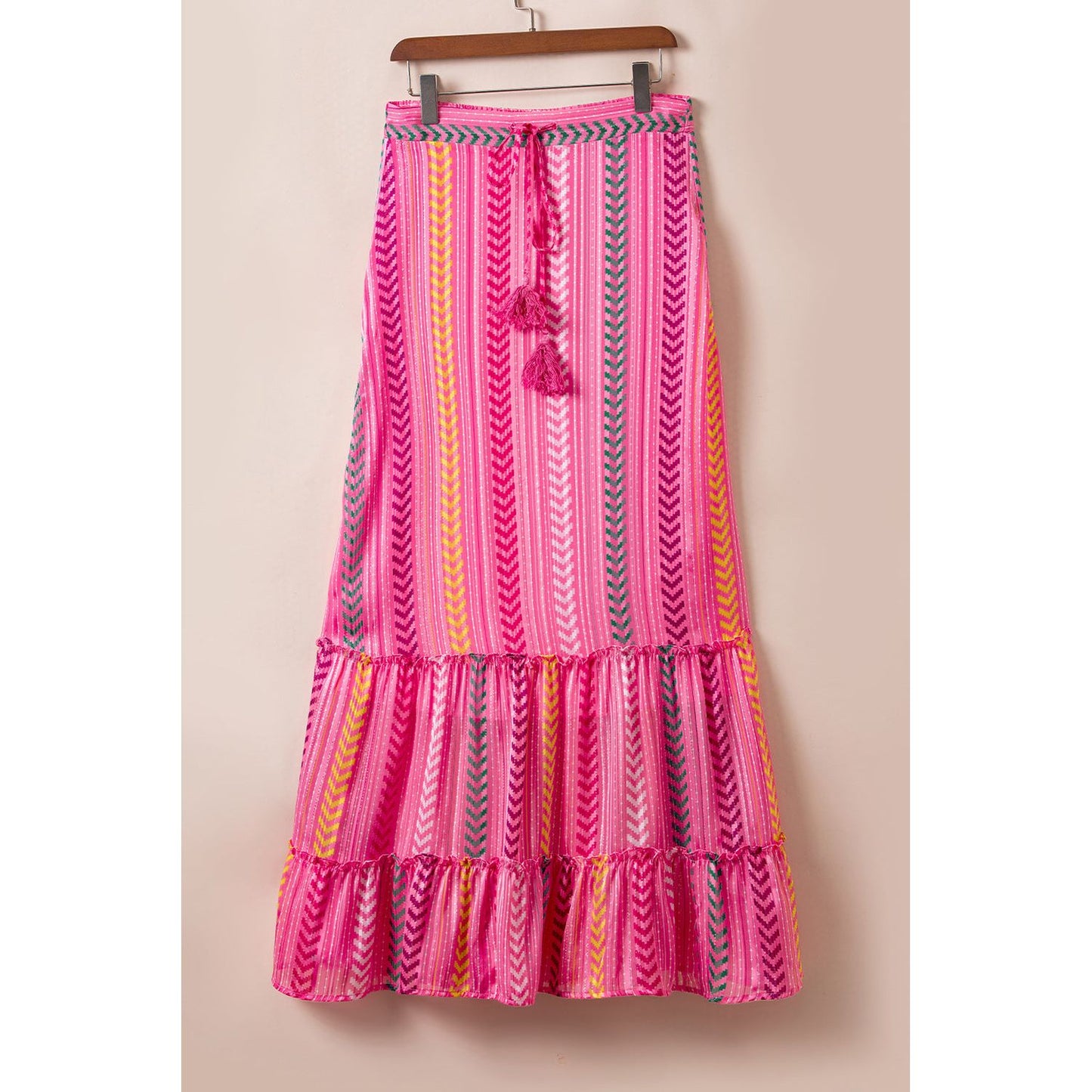 Pink Boho Printed Tasseled Drawstring Ruffled Maxi Skirt