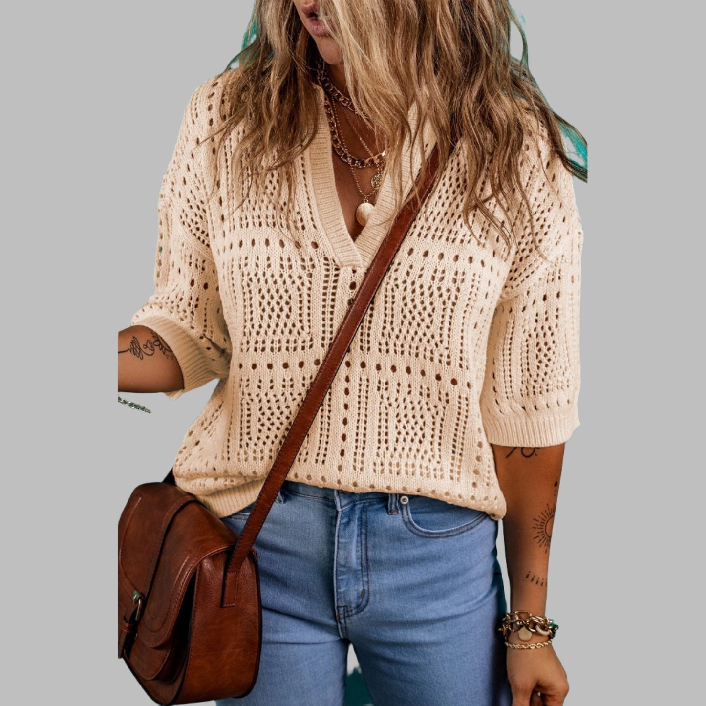 Hollowed Knit Short Sleeve Top