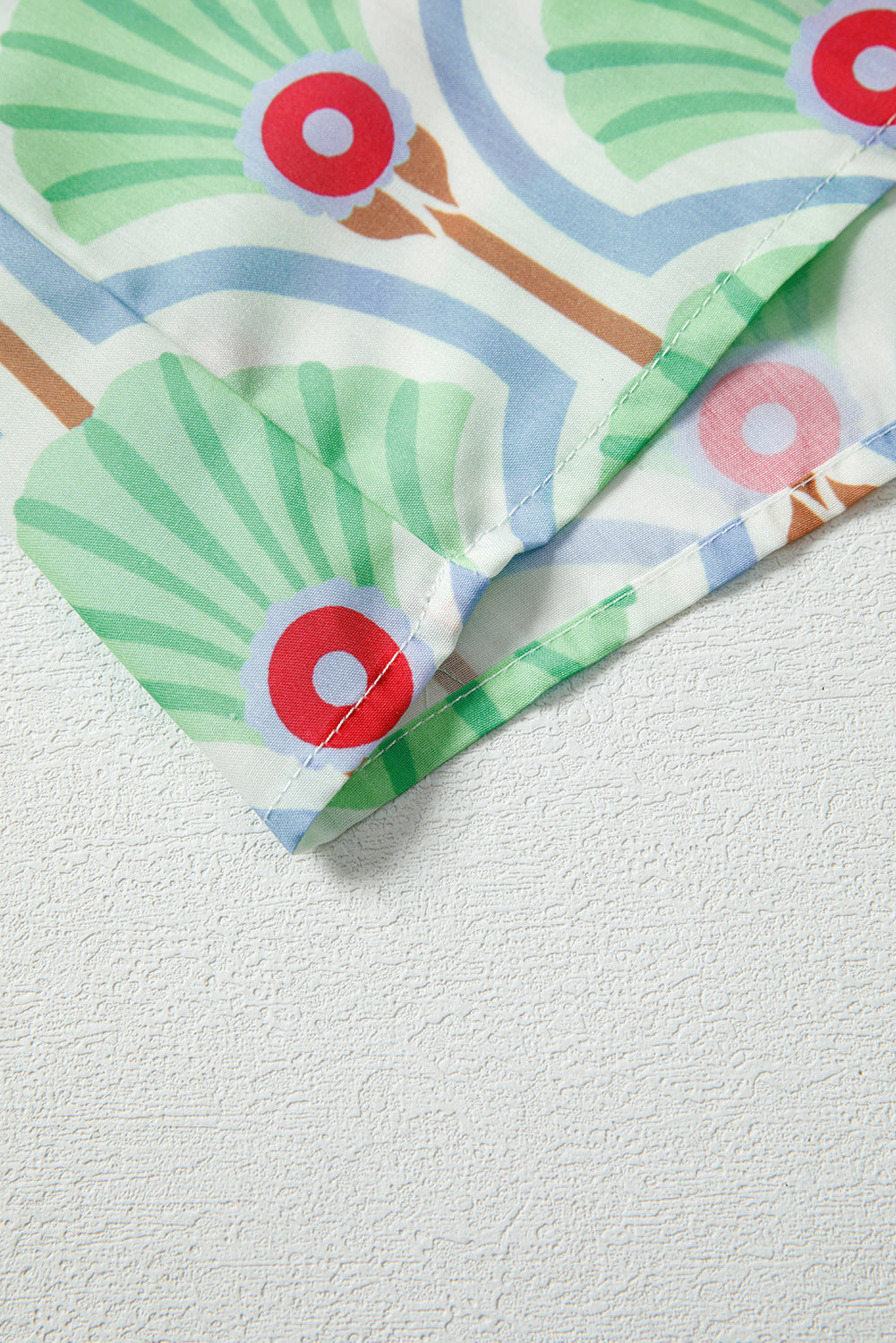 Green Floral Print Ricrac Trim Pop of Color V Neck Bubble Sleeve Blouse