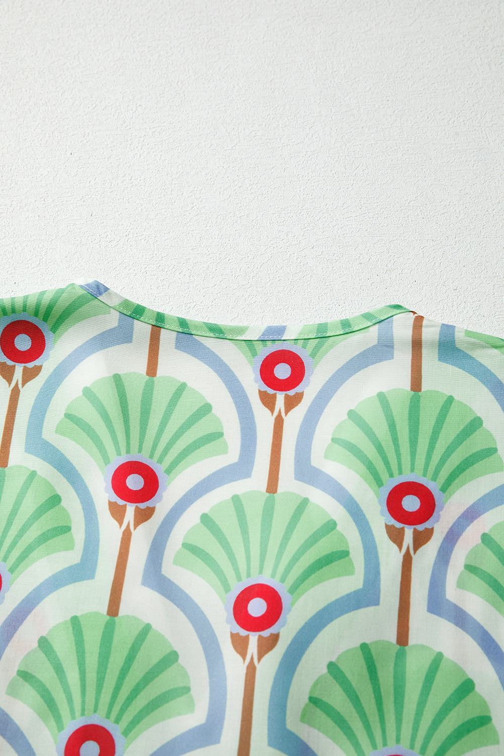 Green Floral Print Ricrac Trim Pop of Color V Neck Bubble Sleeve Blouse