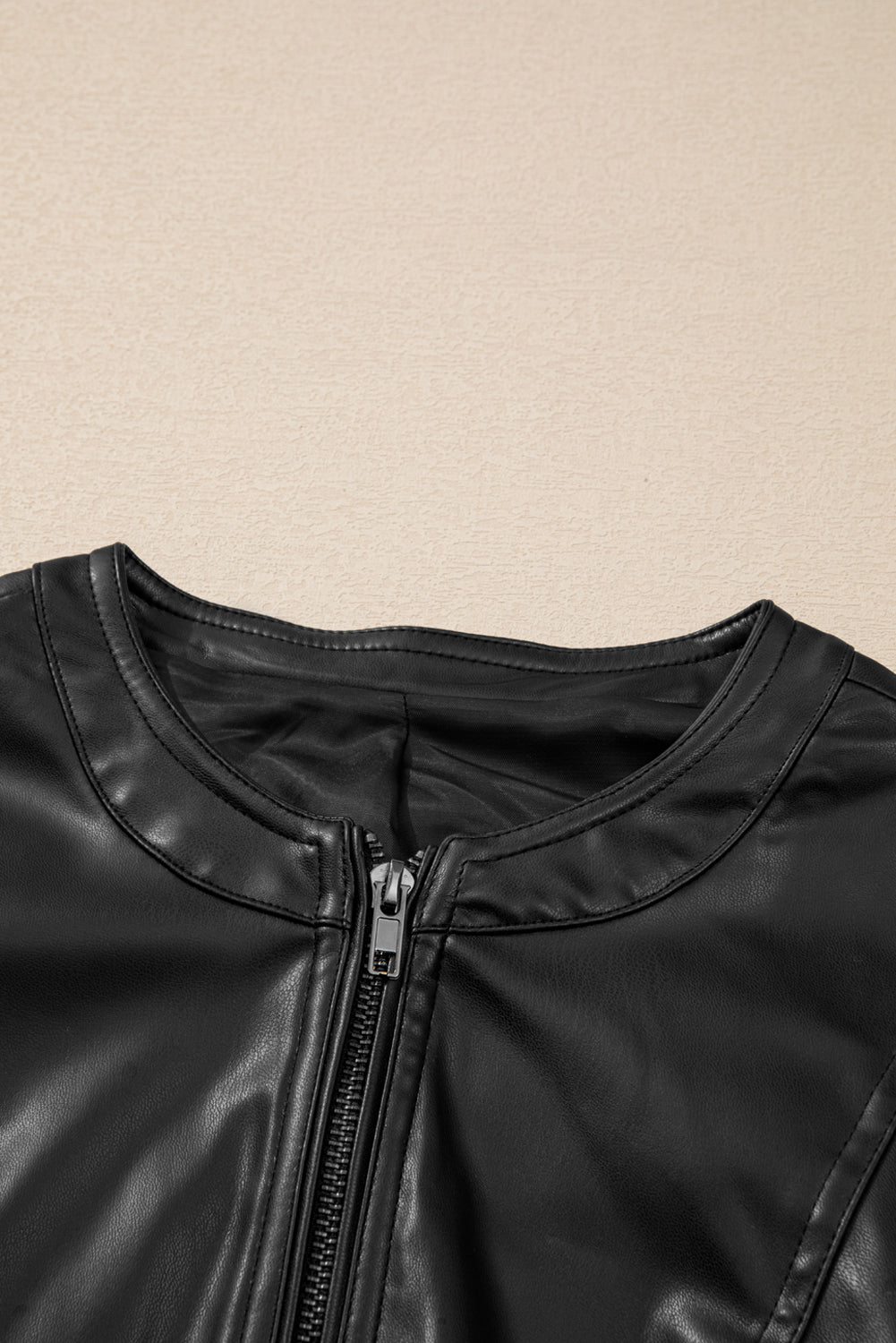 Black Solid Faux Leather Slim Fit Bomber Jacket