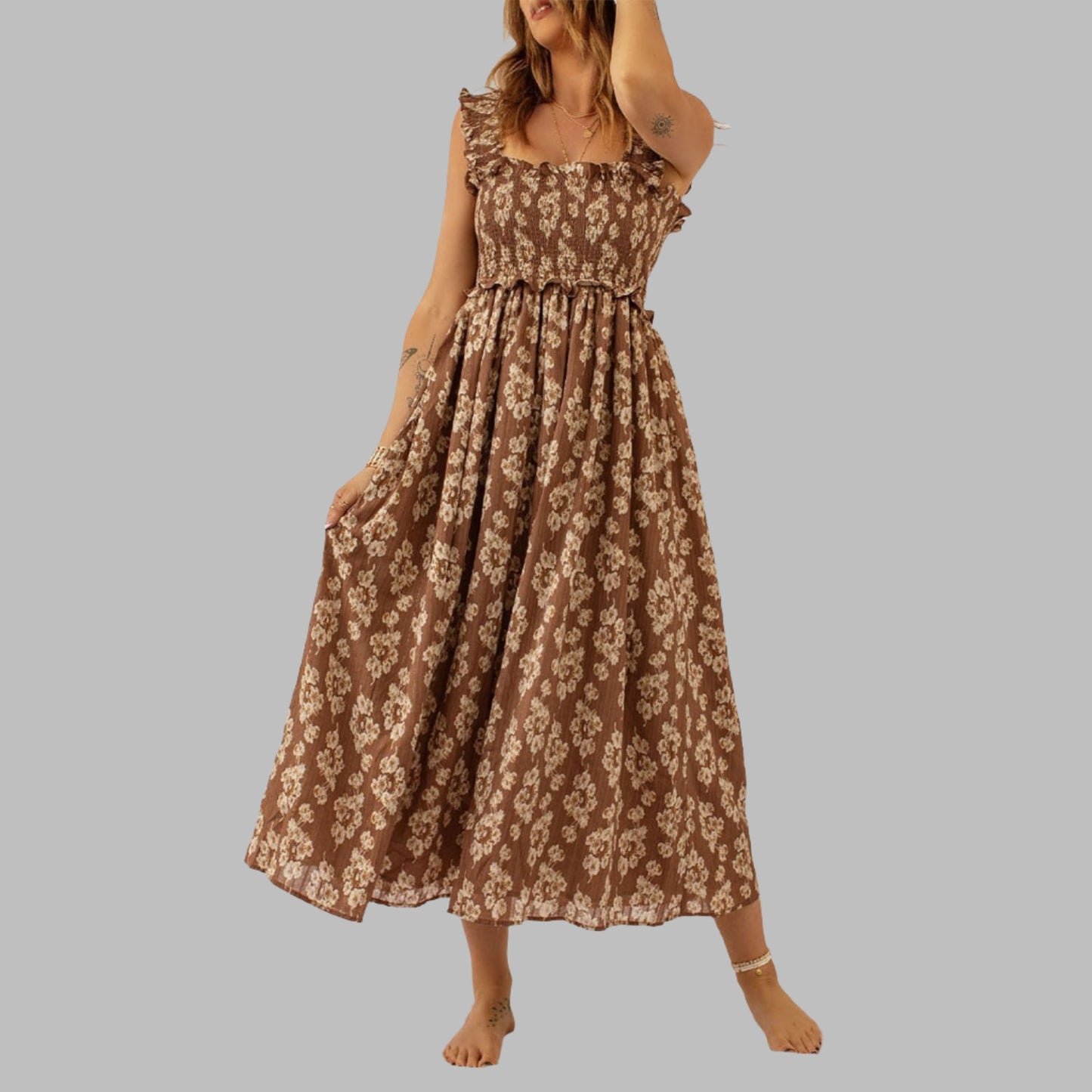 Brown Ruffled Straps Smocked Floral Maxi Dress