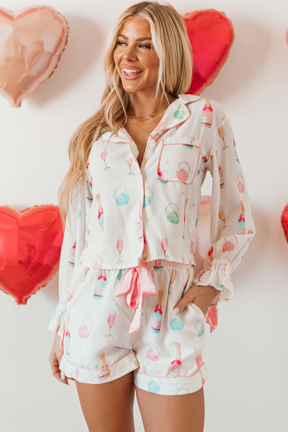 Wine Glass Print Bow Knot Two Piece Pajama Set