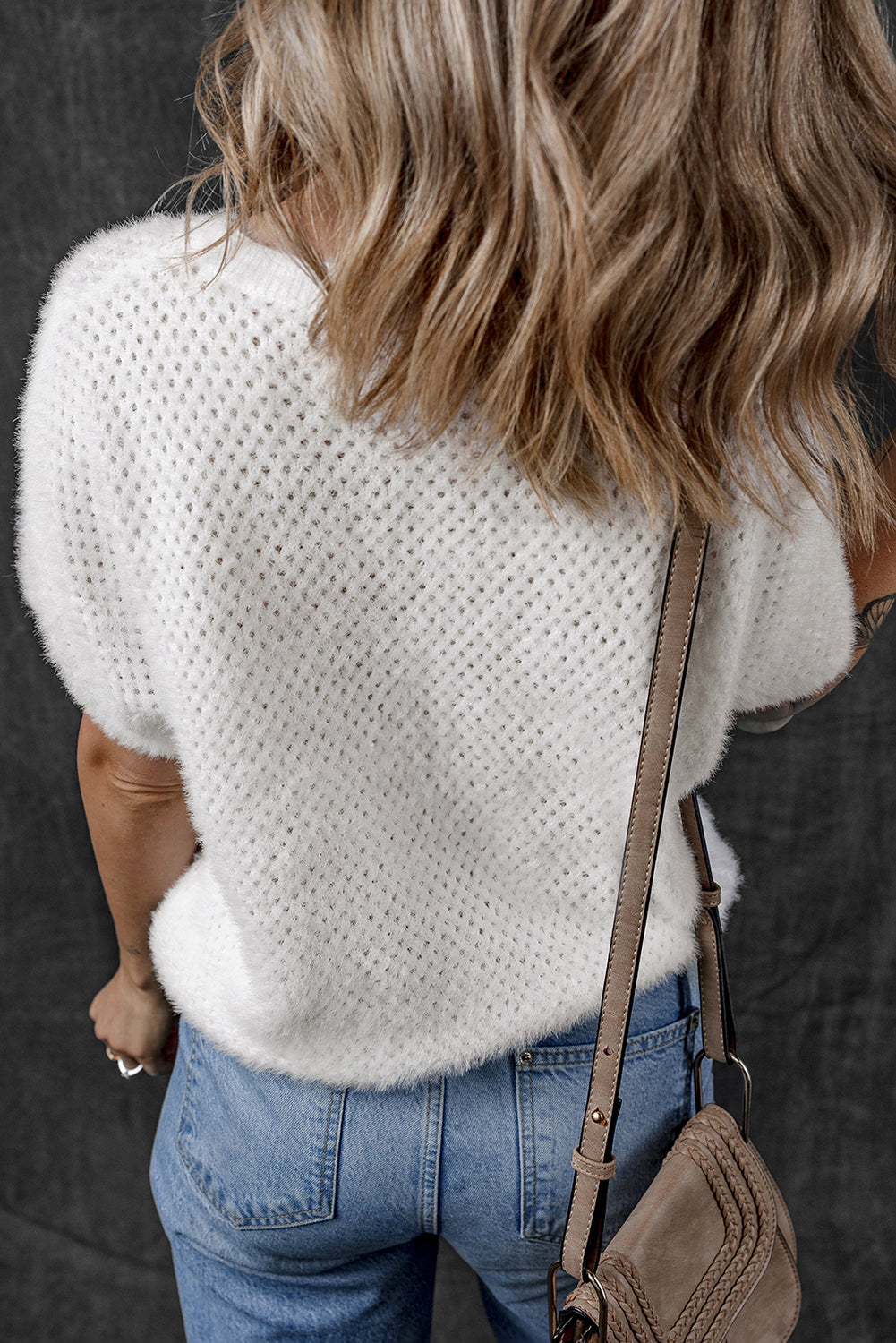 White Fuzzy Eyelet Knitted Sweater