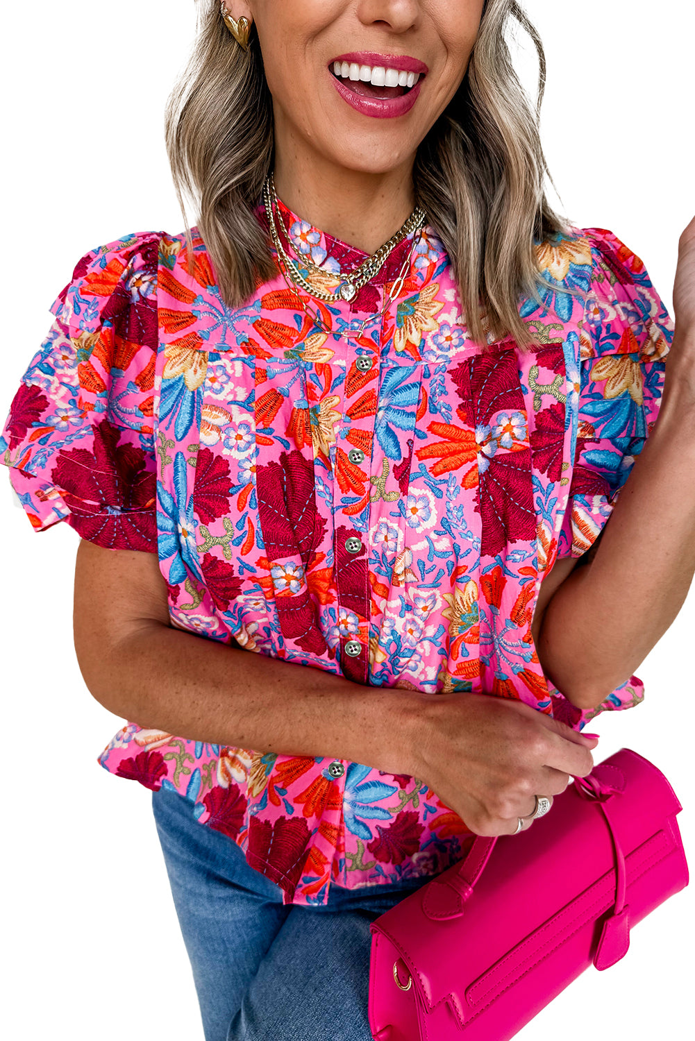 Pink Floral Print Bubble Sleeve Button Up Pleated Shirt