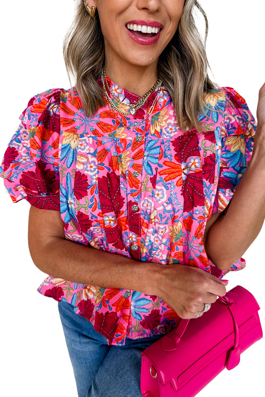 Pink Floral Print Bubble Sleeve Button Up Pleated Shirt