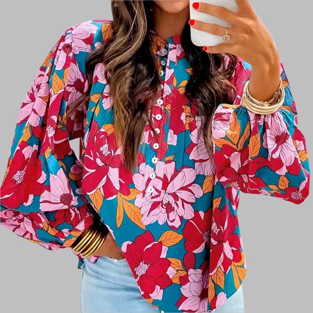 Red Floral Print Balloon Sleeve Half Buttons Blouse