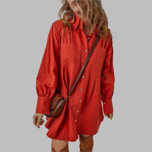 Tomato Red Bishop Sleeve Button-Up Pleated Mini Shirt Dress