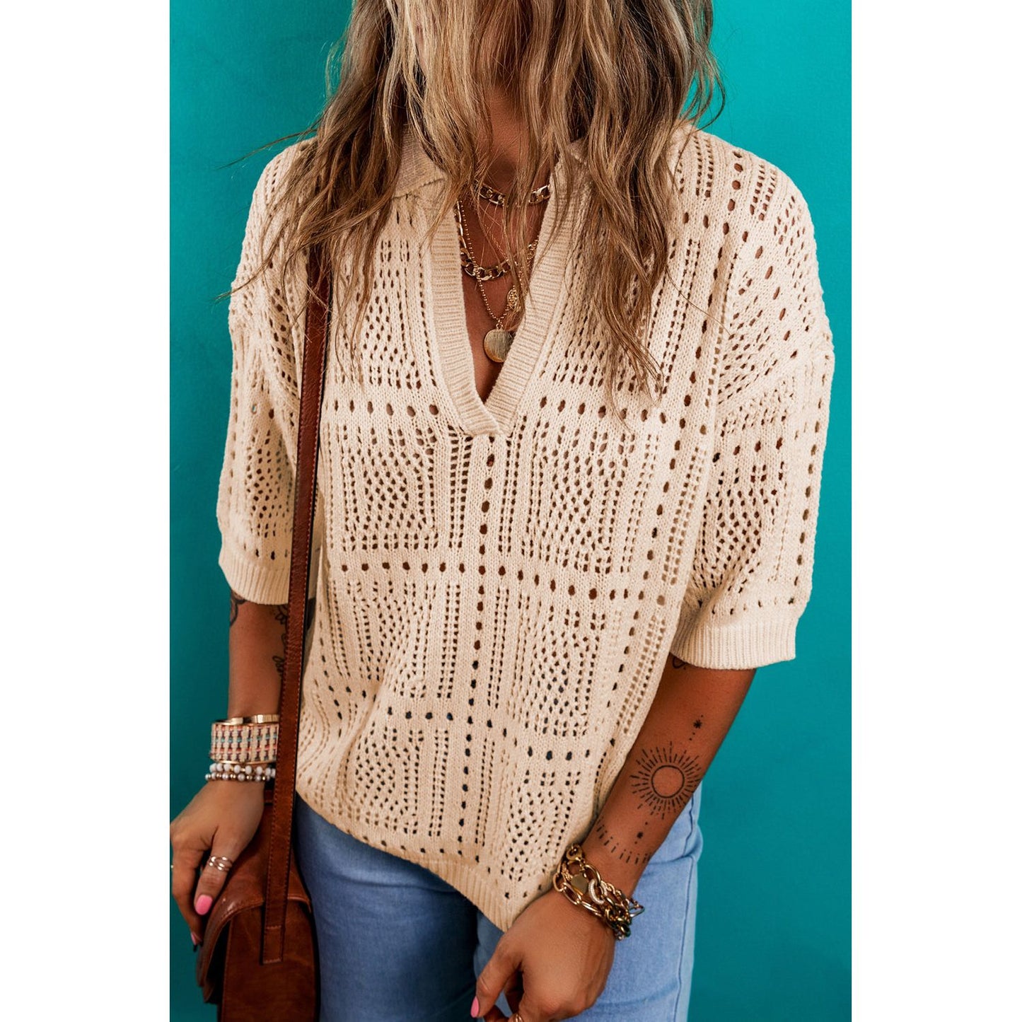 Hollowed Knit Short Sleeve Top