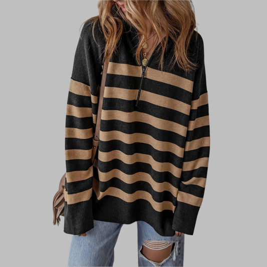 Black Stripe Collared Quarter Zipper Oversized Sweater