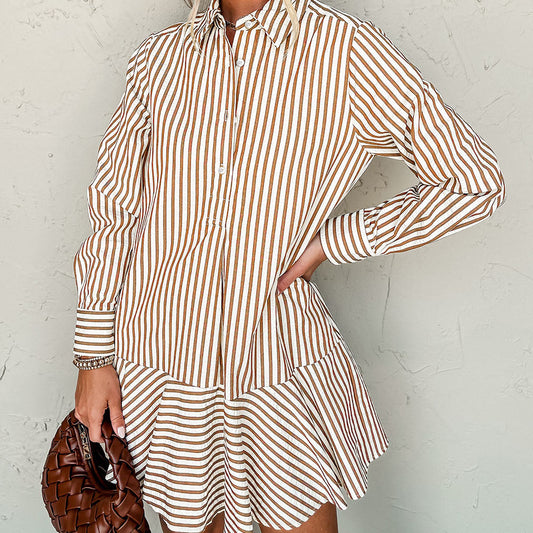 Brown Stripe Ruffle Hem Collared Long Sleeve Shirt Mini Dress