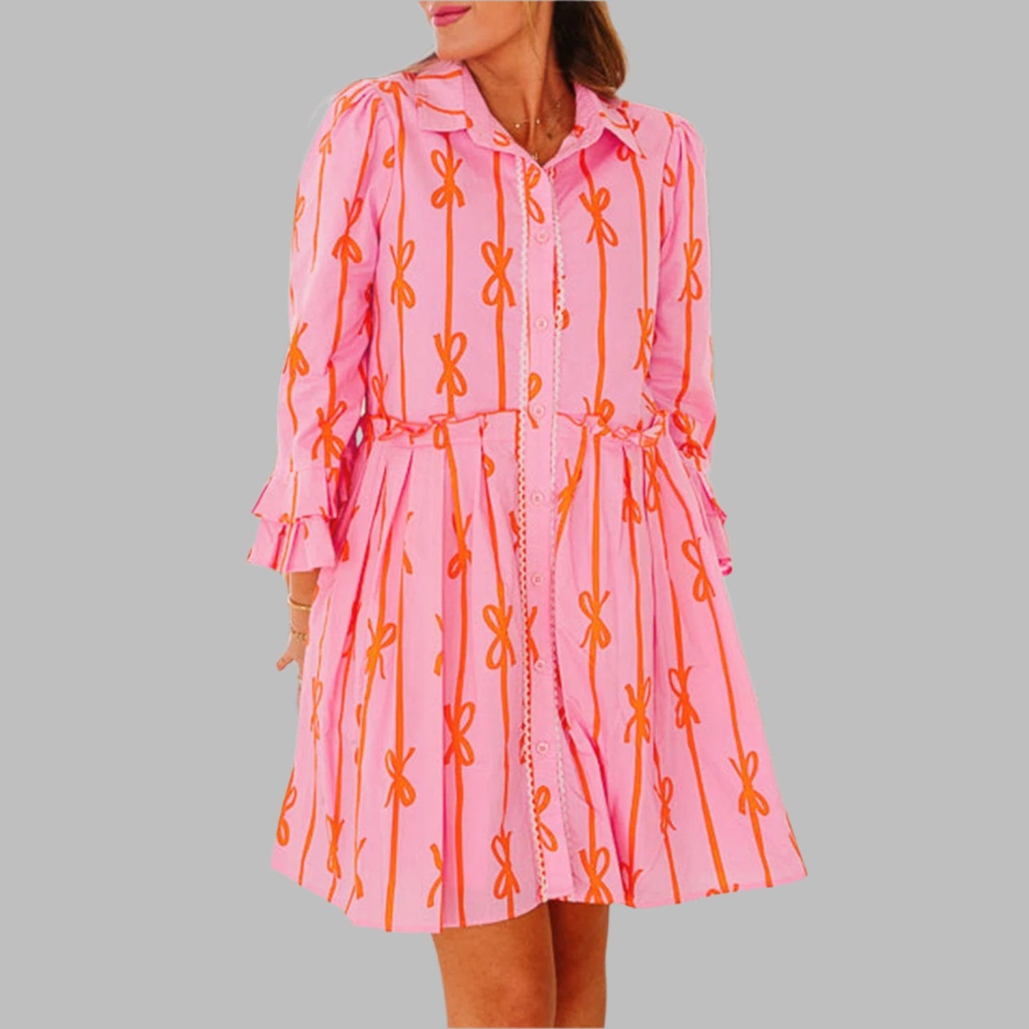 Pink Bowknot Striped Ruffle Mini Shirt Dress