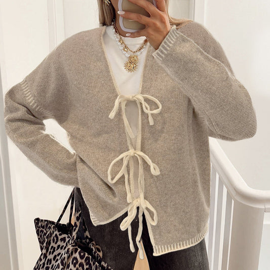 Khaki Tied Front Casual Cardigan