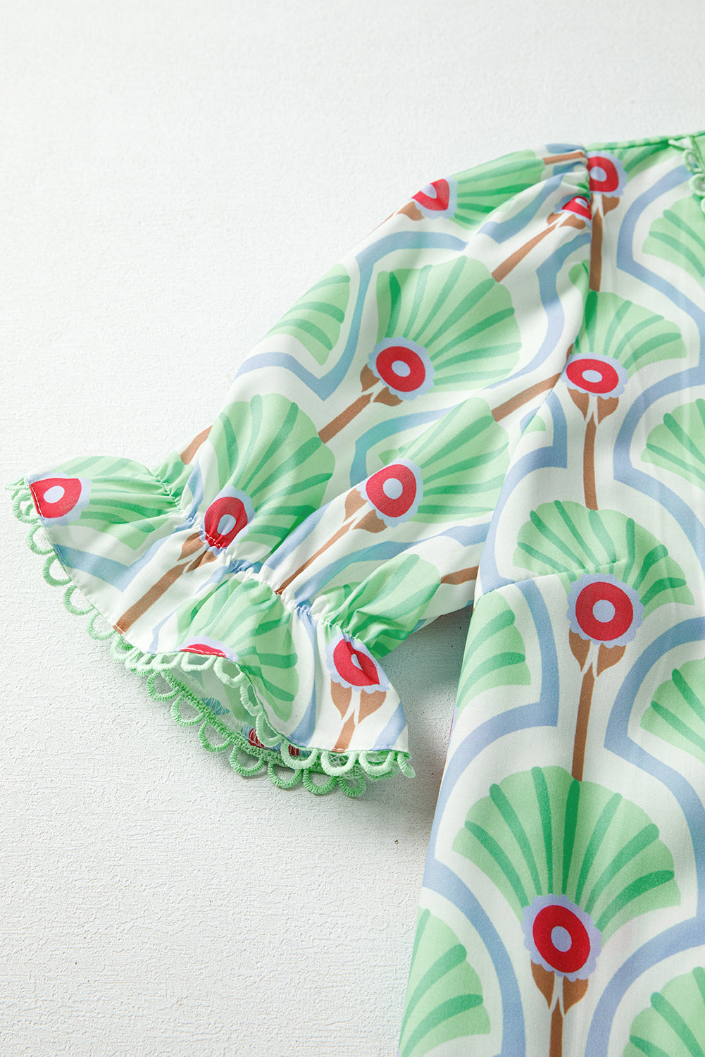 Green Floral Print Ricrac Trim Pop of Color V Neck Bubble Sleeve Blouse