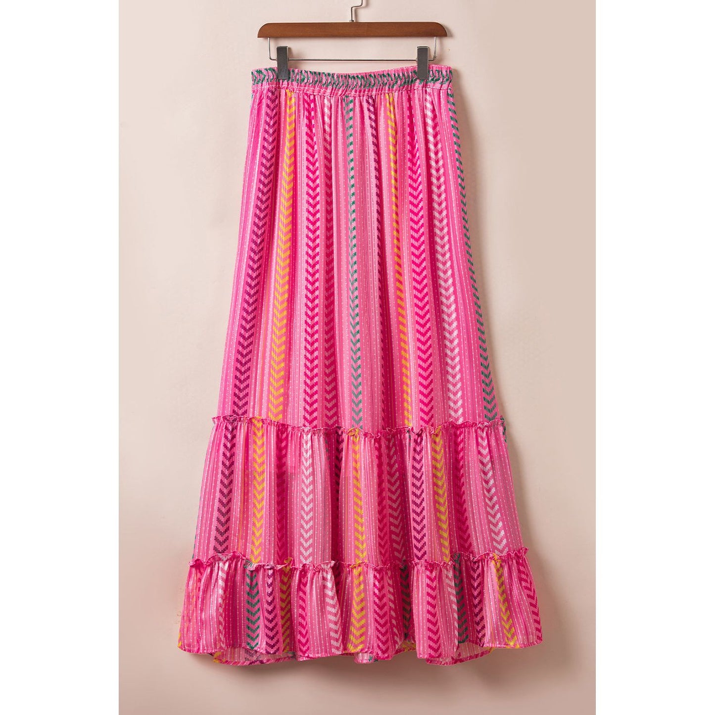 Pink Boho Printed Tasseled Drawstring Ruffled Maxi Skirt