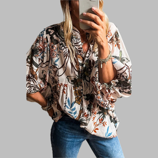 White Boho Print Lantern Sleeve V Neck Blouse