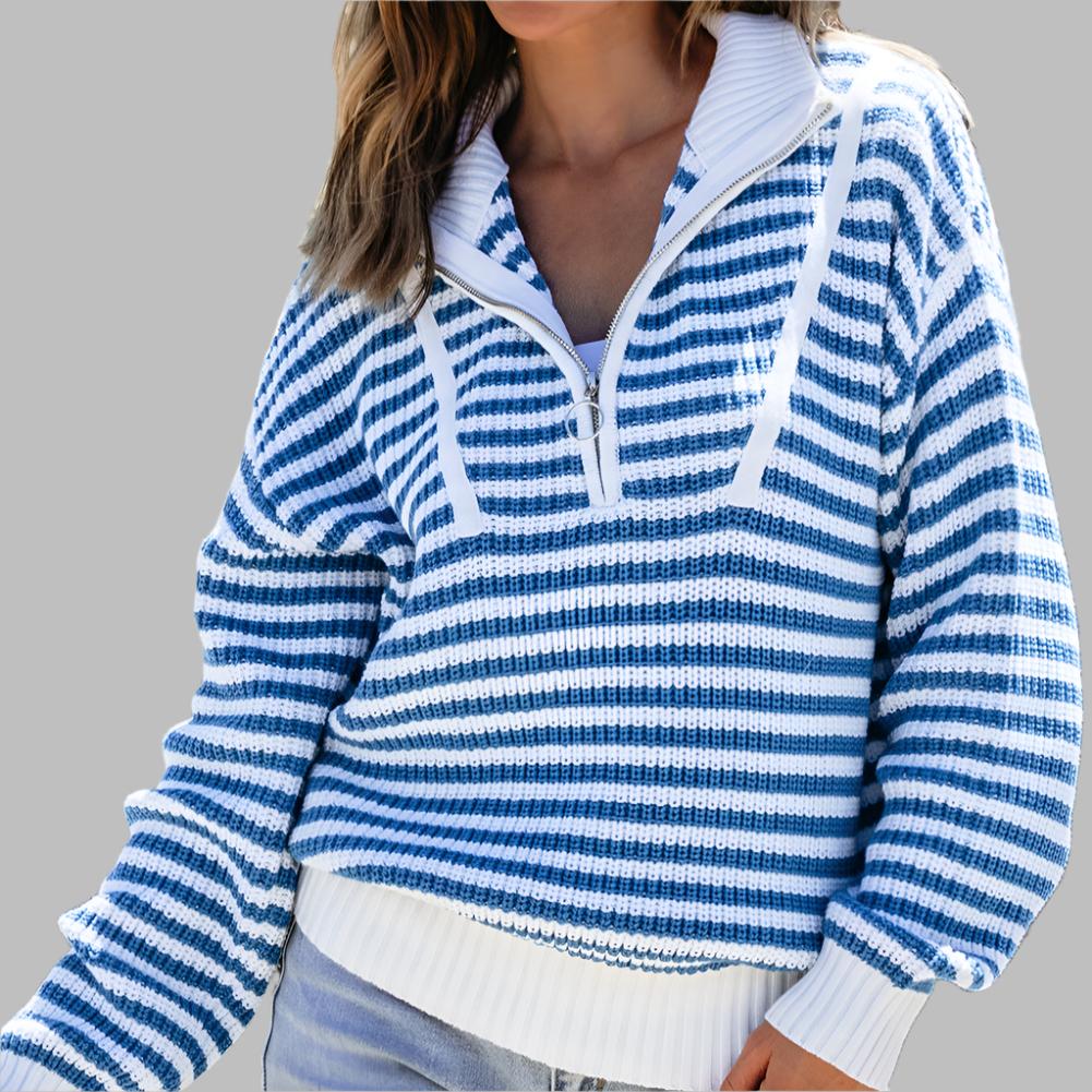 Sky Blue Stripe Zip up Collar Drop Shoulder Sweater