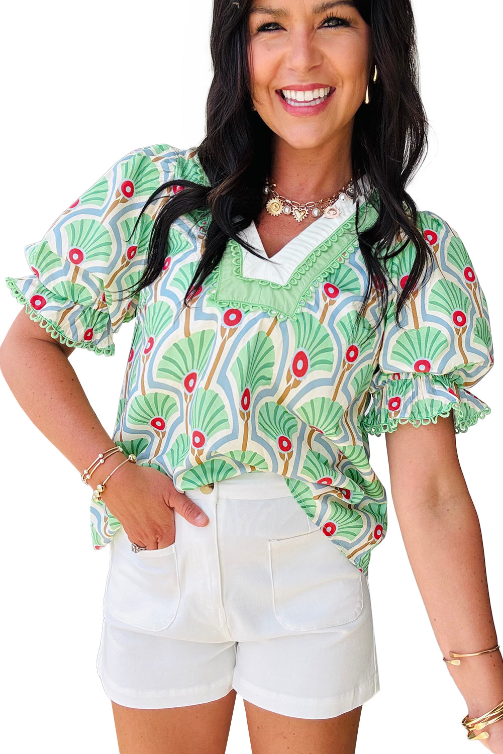 Green Floral Print Ricrac Trim Pop of Color V Neck Bubble Sleeve Blouse