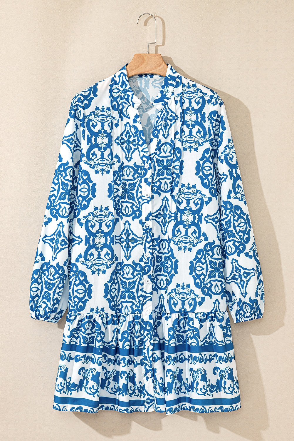 Sky Blue Tribal Print Button Up Notch Neck Loose Mini Dress