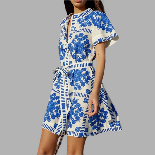 Printed Tie Waist Short Sleeve Dress