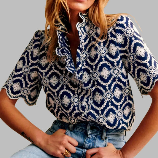 Embroidery Shirt Asymmetrical Petals Short Sleeve