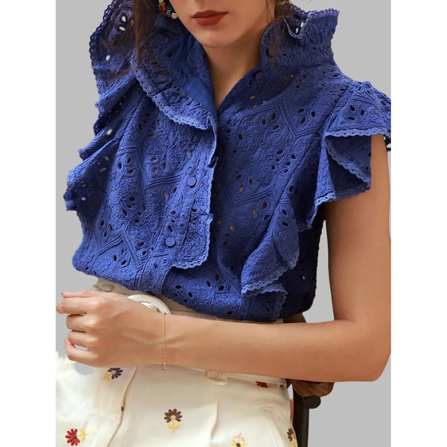 Embroidery Floral Cotton Blouse with Lapel Neck Ruffle Sleeve