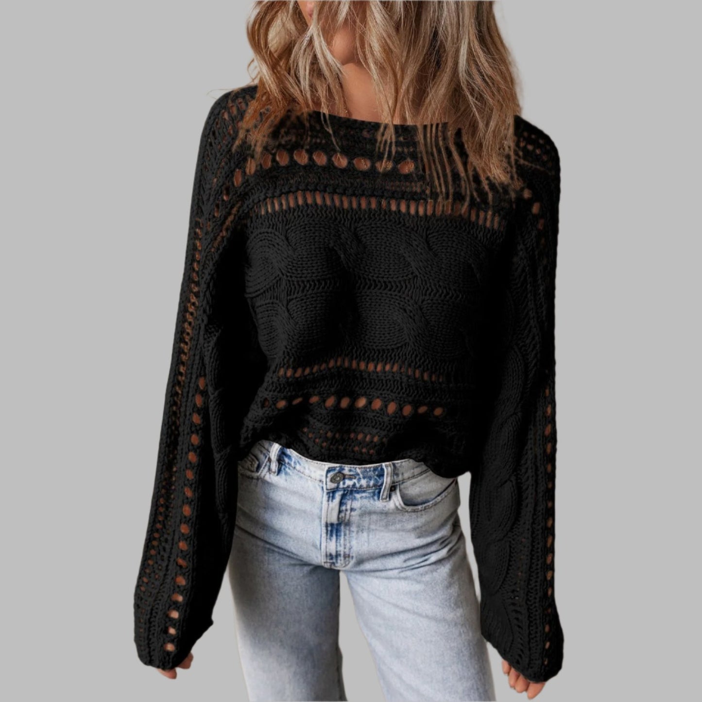 Black Hollow-out Cable Knit Cropped Sweater