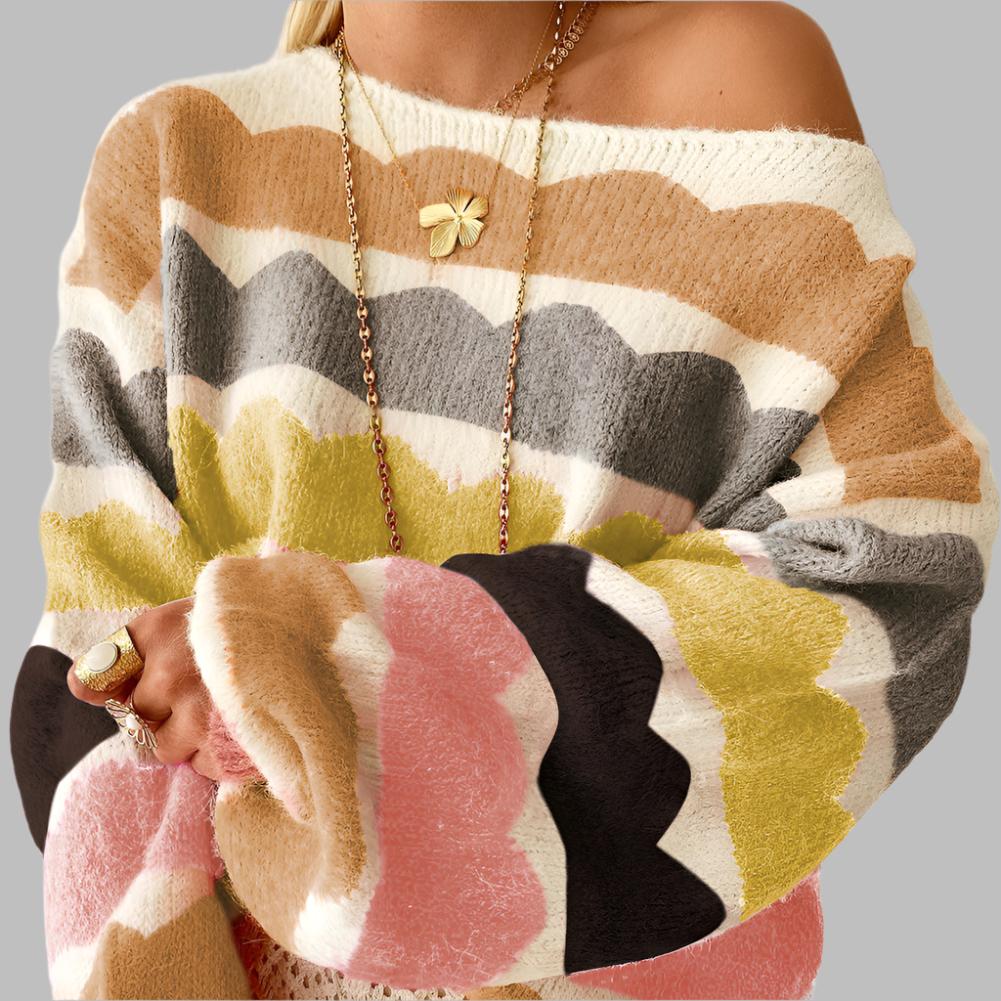 Yellow Wave Striped Balloon Sleeve Drop Shoulder Sweater