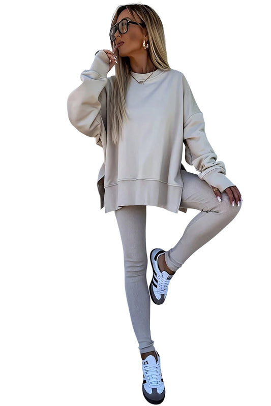 Oversized Slit Sweatshirt Ribbed Leggings Set