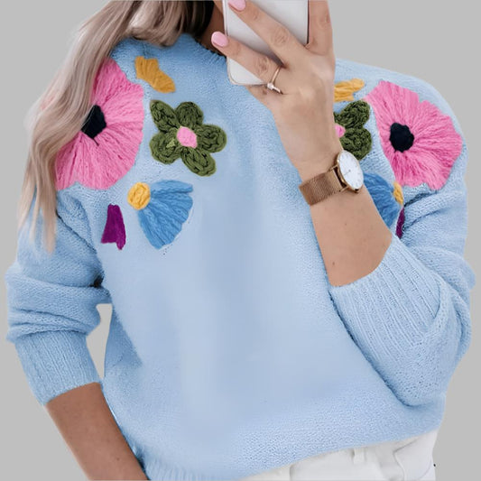 Light Blue Knitted Flower Pattern Sweater