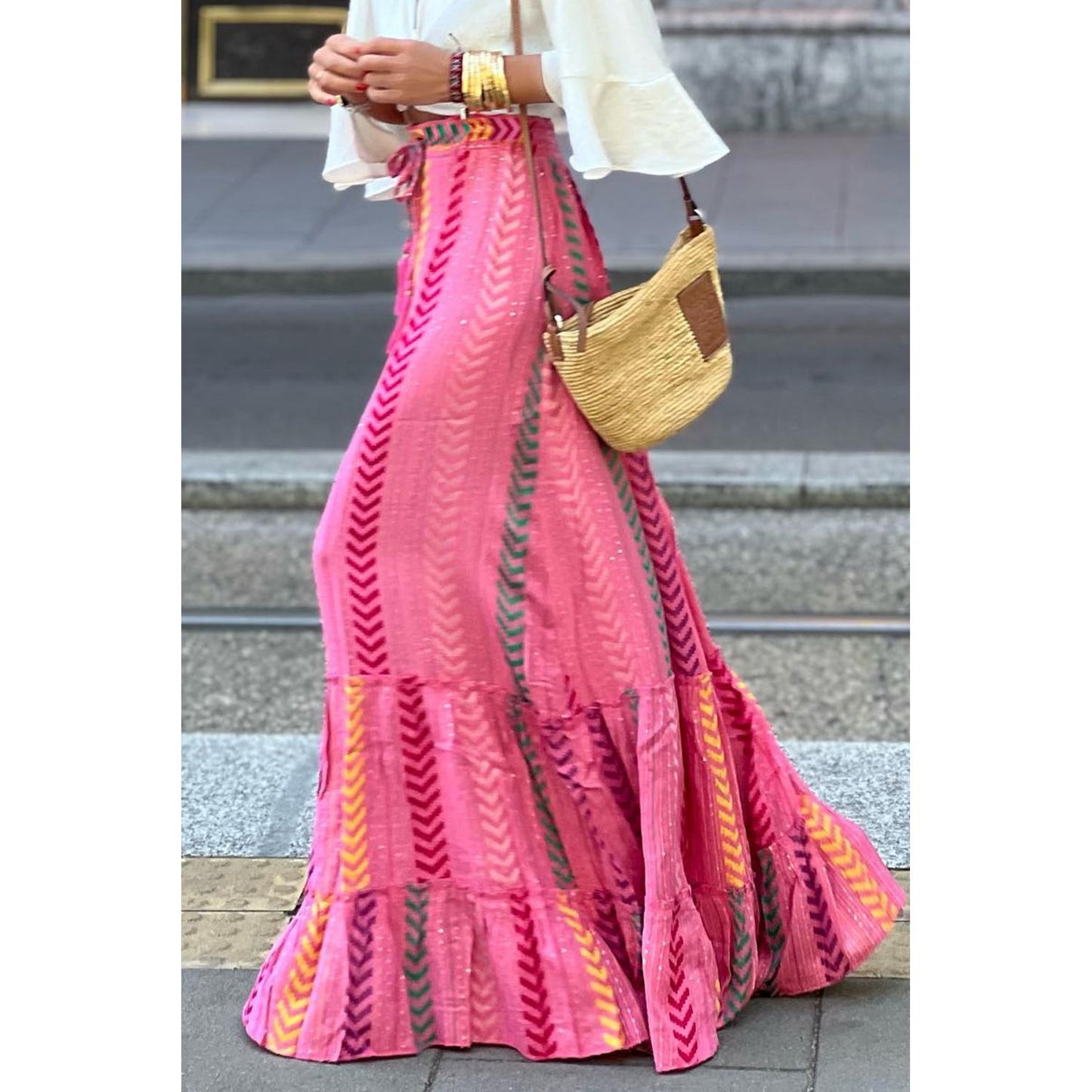 Pink Boho Printed Tasseled Drawstring Ruffled Maxi Skirt