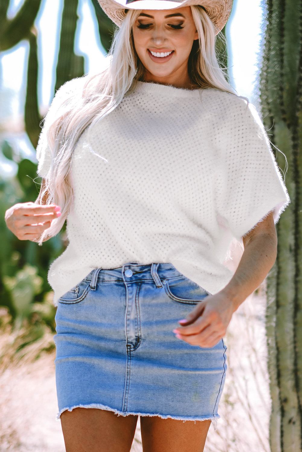 White Fuzzy Eyelet Knitted Sweater