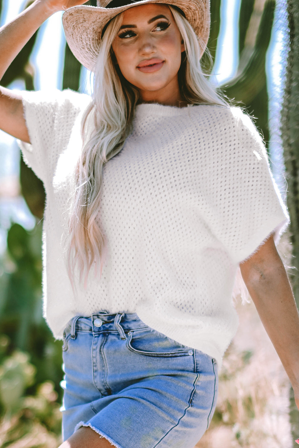 White Fuzzy Eyelet Knitted Sweater