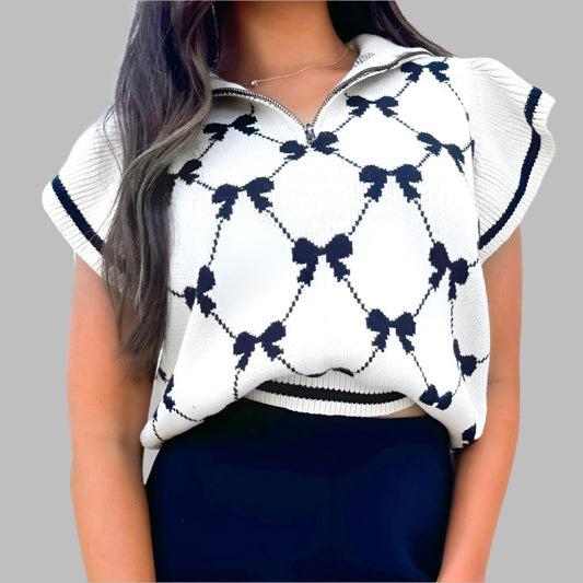 Black Bow Print Zipped Collar Sweater