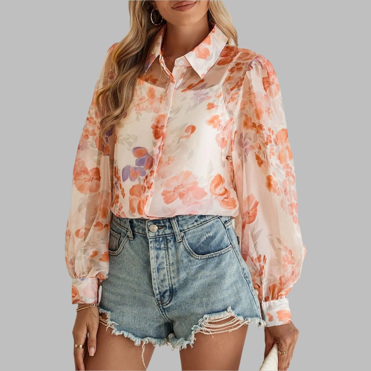 White Floral Print Buttoned Balloon Sleeve Shirt