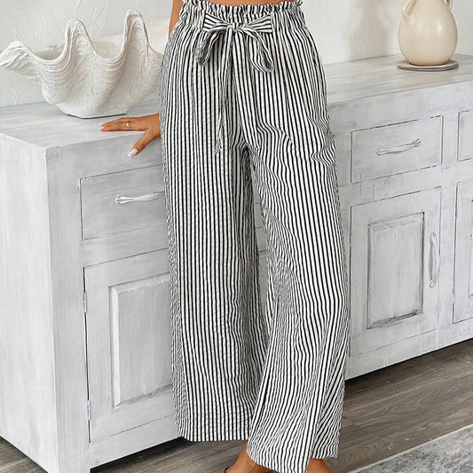 Black Striped Frill Knot Waist Decor Pants