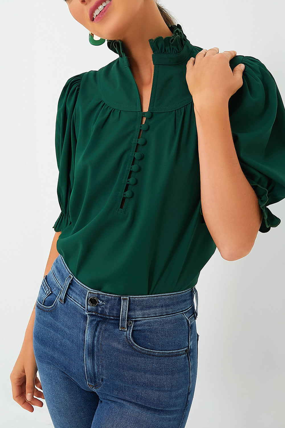 Green Checkered Puff Sleeve Frill Trim Blouse - Navy Grays Boutique