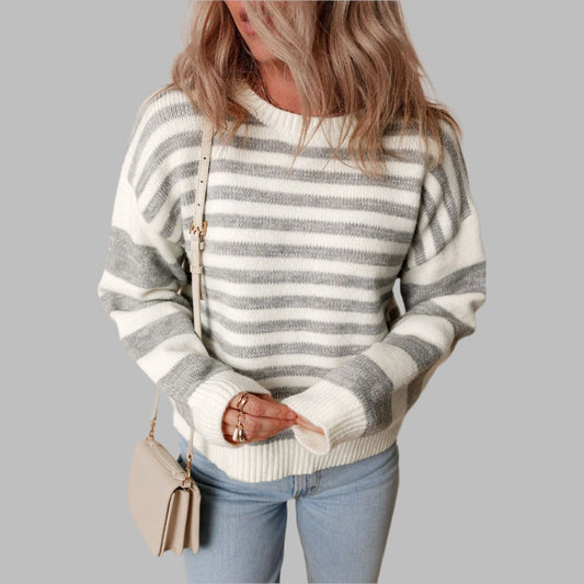 Gray Stripe Drop Shoulder Crew Neck Sweater