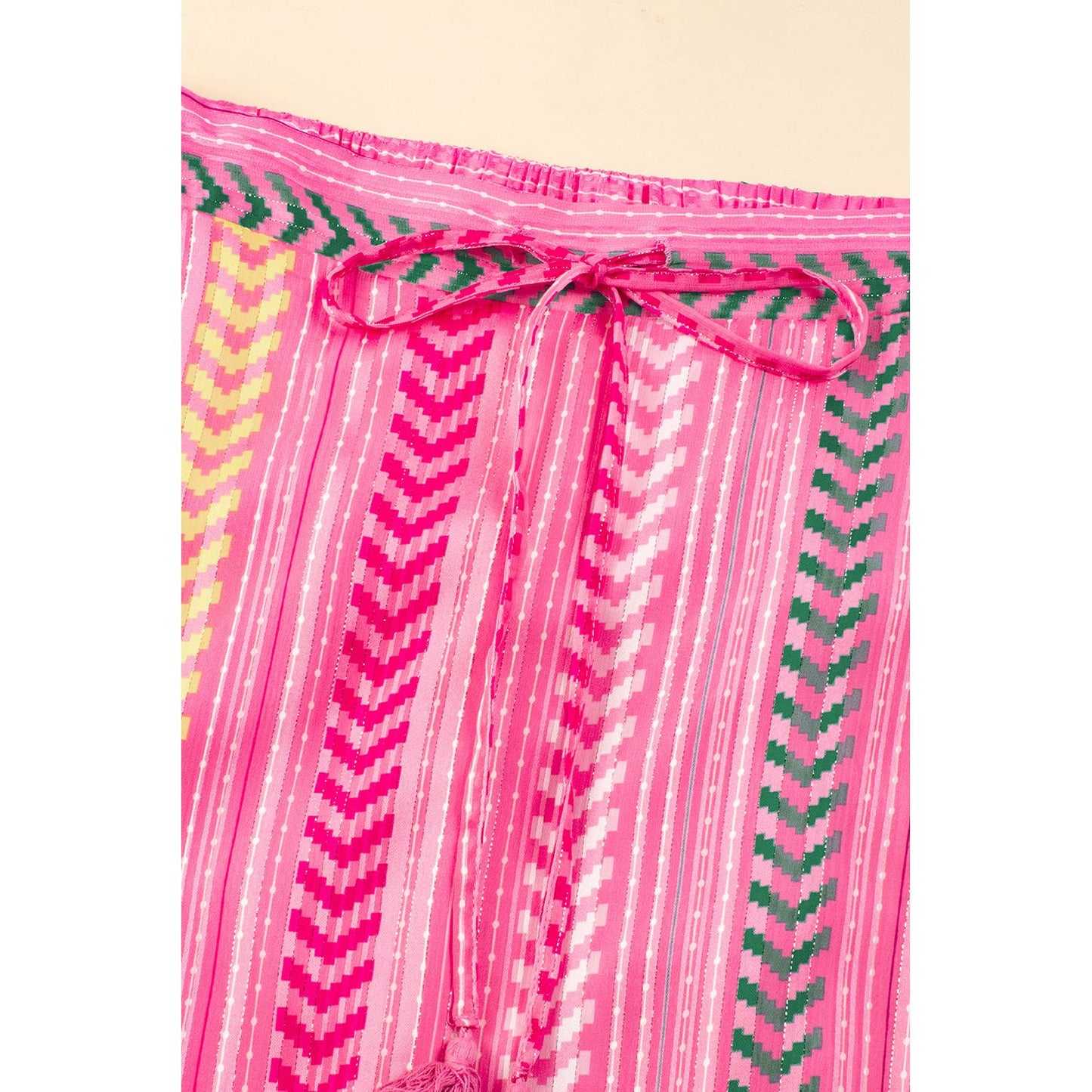 Pink Boho Printed Tasseled Drawstring Ruffled Maxi Skirt