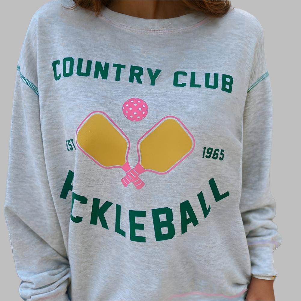 Light Grey COUNTRY CLUB PICKLEBALL Graphic Exposed Stitching Casual Sweatshirt