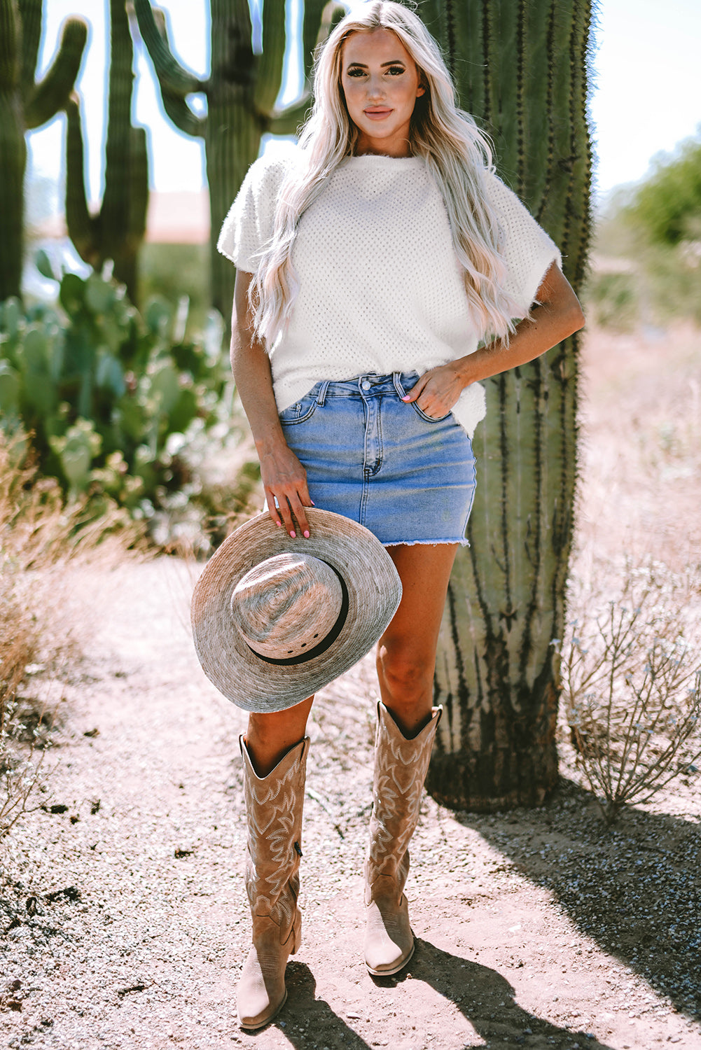 White Fuzzy Eyelet Knitted Sweater