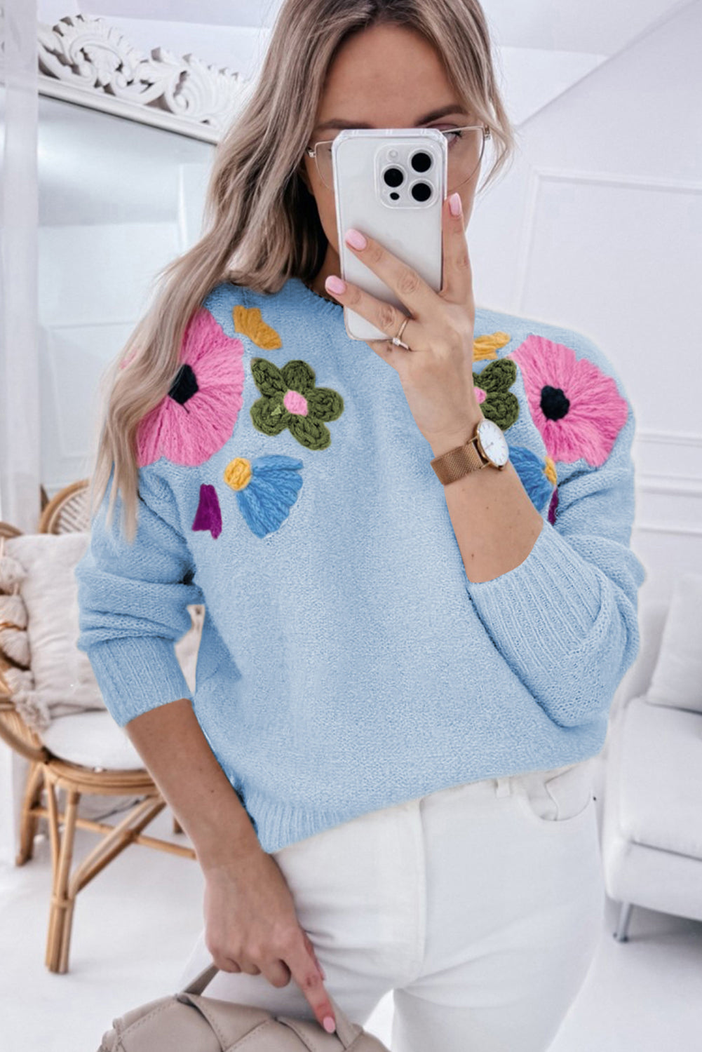 Light Blue Knitted Flower Pattern Sweater