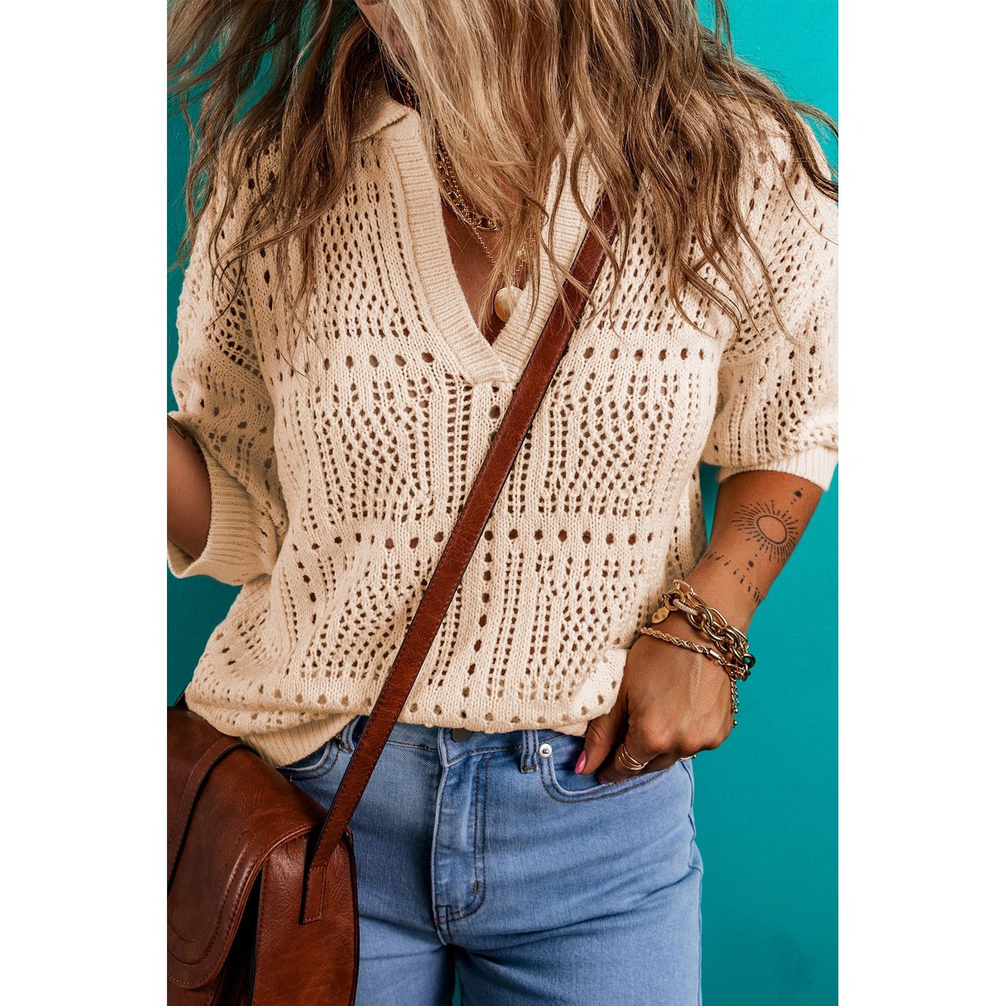 Hollowed Knit Short Sleeve Top