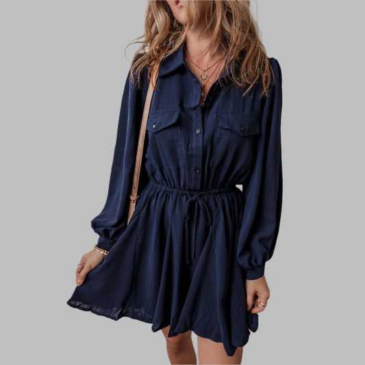 Navy Blue Solid Chest Pockets Tunic Shirt Mini Dress