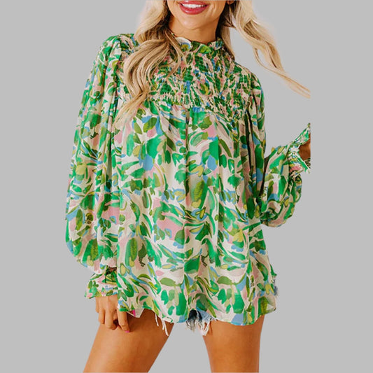 Green Abstract Print Puff Sleeve Blouse