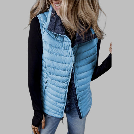 Sky Blue Plush Collared Quilted Zipped Puffer Vest